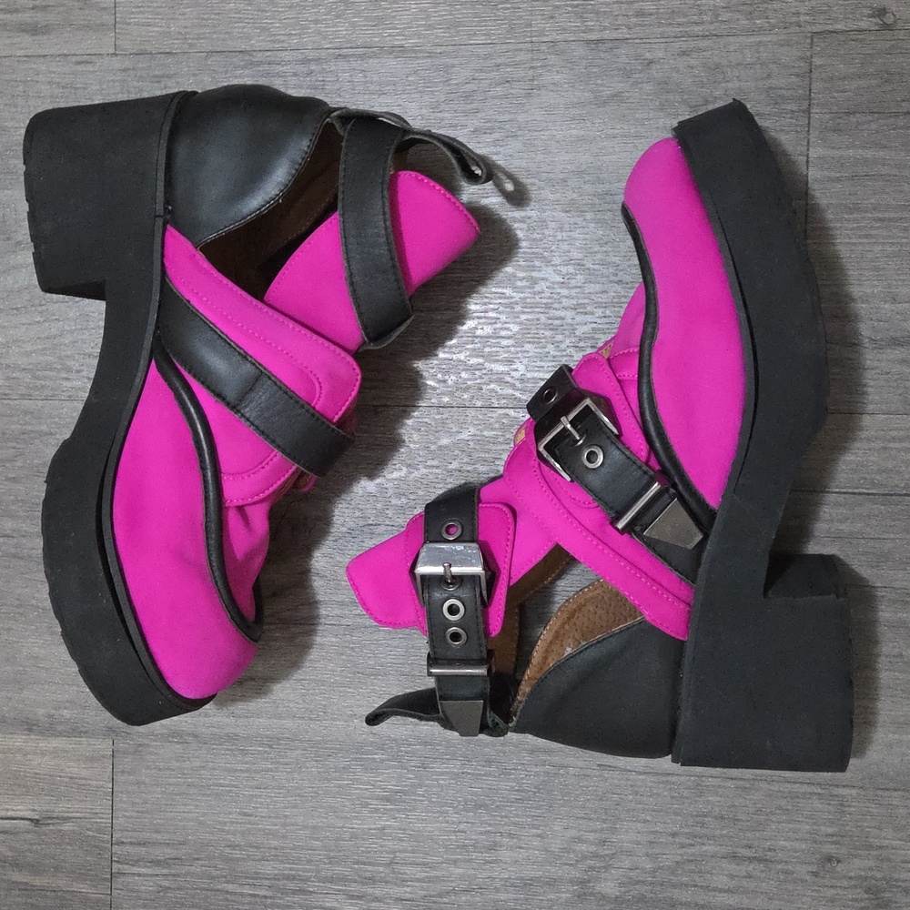 Jeffrey Campbell • RARE "Coltrane" Fuscia Buckled Cutout Combat Booties